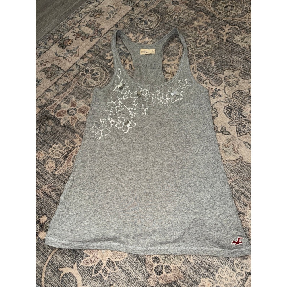 Vintage Y2K Hollister Sequin Flower Tank Top Gray Racerback